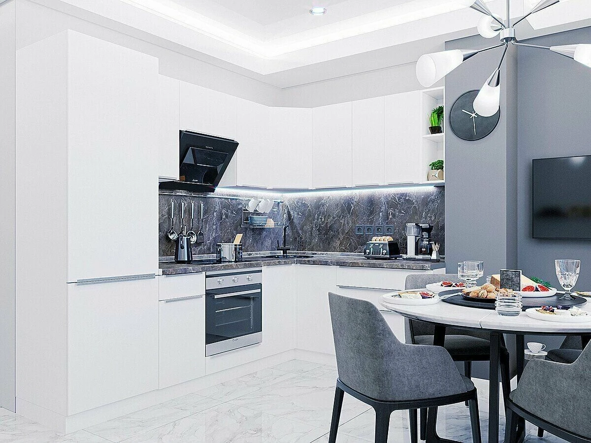 Угловой кухонный гарнитур VIVAT Фьюжн-15, 234 см х 220*180см, без столешницы Silky White